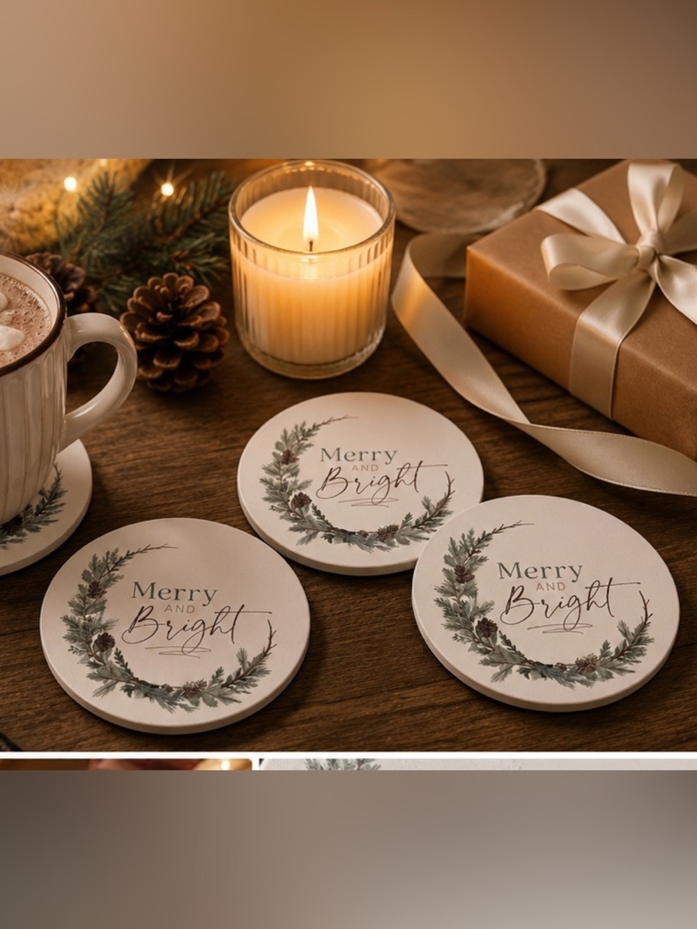 Merry & Bright Christmas Neutral Holiday Farmhouse Stone Coaster Set